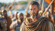Weathered man as biblical Apostle Paul aboard a Roman ship, bound for Rome, surrounded by soldiers.