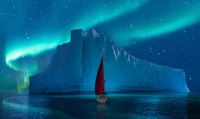 Wall Mural - iceberg floating in greenland fjord with aurora borealis - greenland