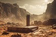 A lone obelisk stands tall and mysterious in the vastness of a desert canyon