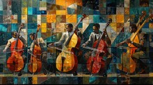 A Cubist Artwork Of Cellists In Performance