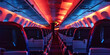 Interior empty cabin of a passenger civil aircraft, illuminated at night. Generative AI