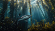 Great white shark swimming through a kelp forest in the ocean with crepuscular rays penetrating the surface of the water. Natural habitat in decline due to global warming increasing ocean temperatures