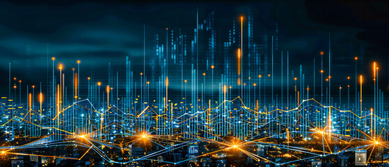 Wall Mural - Digital cityscape and technology network concept, merging urban architecture with futuristic connections and communications