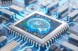 AI Brain Chip violet laser. Artificial Intelligence server farm human ai solution mind circuit board. Neuronal network gis smart computer processor digital disruption