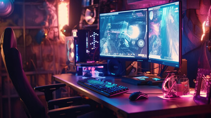 Sticker - Professional gamer room with personal computer with LED lights