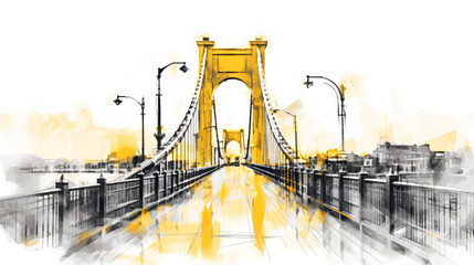 A captivating watercolor sketch of a bridge with yellow gray lines