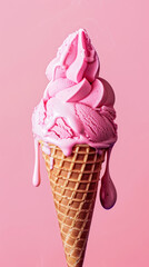 Wall Mural - Aesthetically soft strawberry ice cream in a cone. Pink background. Trendy template. Generative AI