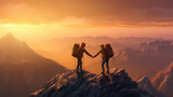 Fototapeta Góry - Climbers help friends reach the top of a mountain