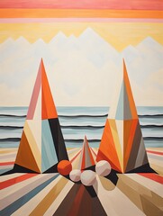 Wall Mural - Geometric Coast: Modern Beach Art Print with Beach Scene Painting