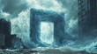 Digital art of a massive, surreal tidal wave crashing through a portal in a desolate urban landscape under stormy skies.