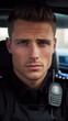 Attractive police officer in unform, with blue eyes sitting in car, looking at camera 
