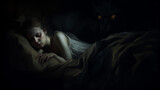 Fototapeta Zwierzęta - Woman sleeping in bed with incubus demon with glowing eyes behind her in dark room 