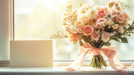 Wall Mural - Bouquet of fresh tulips and hyacinths in vase near window with empty blank card. Still life with beautiful spring flowers, banner with copy space