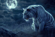 Silent Guardian: a moonlit night, midst of tranquil scene stands a magnificent white tiger, its fur illuminated by the silvery light of the moon