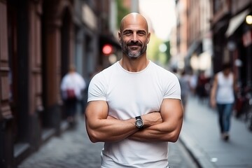 Sticker - Portrait of handsome mature man with arms crossed in the city.