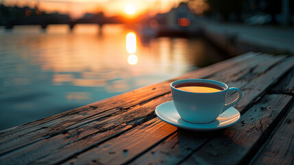 Wall Mural - Cup of morning coffee at dawn on the pier by the river