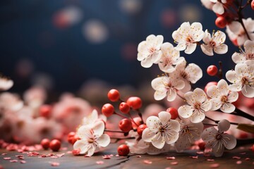 Wall Mural - Tree branch of a flowering tree on blurred wooden background with copy space.