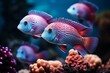 Beautiful colorful purple sea fish live in an aquarium among various algae and corals.