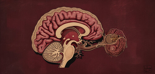 Create an anatomical cross-section of the brain, detailing the cerebral cortex and limbic system in a classic scientific illustration style,