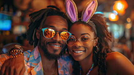 Wall Mural - The married young couple wearing Easter bunny ears takes a selfie on their smartphones at home