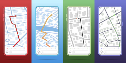 Wall Mural - GPS city map app concept. Smartphone navigation application for travel with location mark, pointer, on screen. Search Location service design. Navigation Vector illustration for web, advert, banner