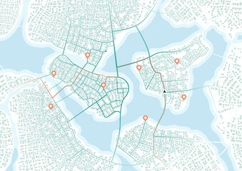 Wall Mural - Highlighted route with multiple alternatives on city map for projects related to guides, routes, and route planning. Vector illustration of a city map with a high view design on black background.