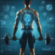 Back view of muscular man doing weightlifting with weights, holographic images superimposed on him for sports performance and analytics on digital background