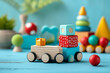 © ADDICTIVE STOCK - Colorful wooden toys arranged on a blue surface. Generative AI image