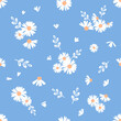 © Thanawat - Seamless pattern with daisy flower, petals and branch on blue background vector illustration.