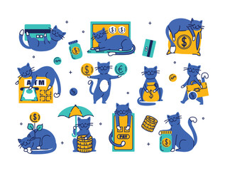 Wall Mural - Set of cats with money funny trendy stickers. Banking related objects, symbol of wealth, Bank, capital and elements. Hand drawn retro doodle illustration collection.
