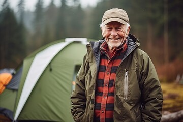 Poster - Senior man standing near tent in forest, smiling and looking at camera.