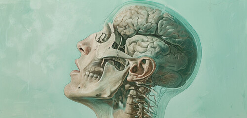 Detailed depiction of the sinuses within the human head, each sinus clearly marked, against a pale mint green canvas