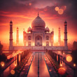 an awe-inspiring image of the Taj Mahal at sunset, the warm glow of the setting sun as it illuminates the majestic monument