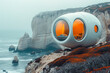 © ADDICTIVE STOCK - Generative AI illustration of modern capsule with large windows perched on a cliff overlooking a foggy ocean