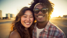 Generative AI Illustration Of Cheerful Young Interracial Couple Taking A Selfie During Golden Hour In An Urban Setting