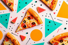 Generative AI Illustration Of Stylized Graphic Design Of Pizza Slices With Abstract Geometric Elements On A Speckled Background
