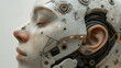 Detailed view of a humanoid robot's face, highlighting the intricate design of artificial intelligence