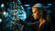 Woman interacting with a complex molecular structure in a futuristic interface setting