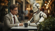 Businessman and AI robot engaged in a serious conversation at a café table, a scene blending daily life with advanced technology