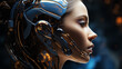 Side profile of a humanoid robot with intricate mechanical details and expressive blue and yellow eyes