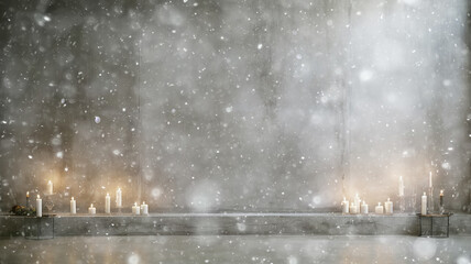 Wall Mural - christmas decorations burning candles, abstract background copy space, empty wall blank background, illustration snowfall falling blurred snowflakes