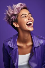 Sticker - A woman with pink hair laughing and wearing a purple jacket. Perfect for lifestyle or fashion concepts