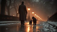 Companionable Silence: Man And Dogs In Misty Park