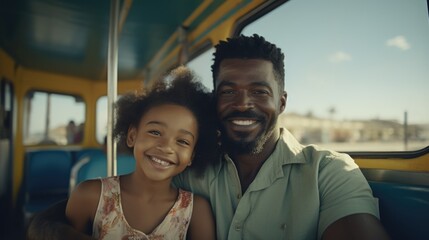 Canvas Print - A man and a little girl sitting together on a bus. Suitable for transportation concept