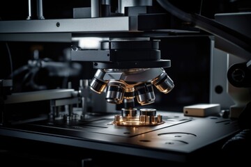 Sticker - Close up of a microscope on a table, suitable for scientific and educational projects