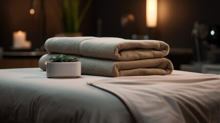 Wall Mural - Neatly stacked towels on a cozy bed, perfect for home decor inspiration