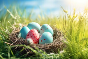 Canvas Print - Nest filled with blue and red eggs, ideal for nature concepts