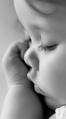 Wall Mural - Close-Up Details, close-up shots of the newborn baby's tiny features, such as their button nose, tiny fingers or rosy cheeks, background image, generative AI