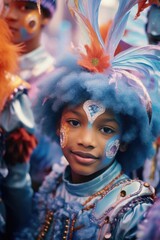 Wall Mural - A young girl dressed in a blue and orange costume, suitable for various occasions