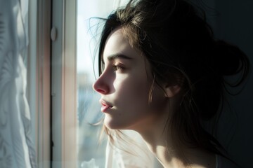 Wall Mural - profile of woman near window, morning light, meditative